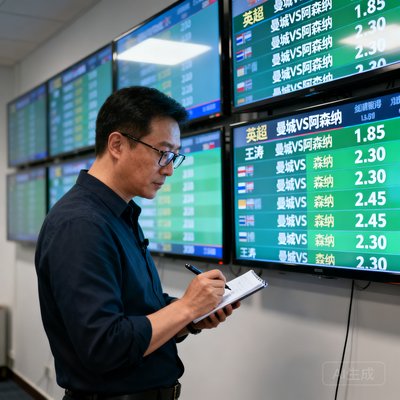 王涛对比多家赔率屏幕，戴眼镜专注记录